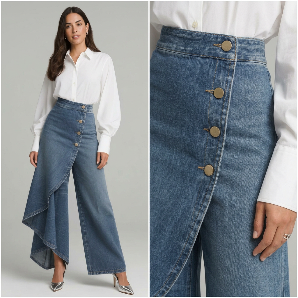 Light blue wide-leg asymmetric trousers with a structured wrap detail at the front