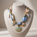 Delicate coastal necklace with shell charms, starfish and golden details on a soft ribbon