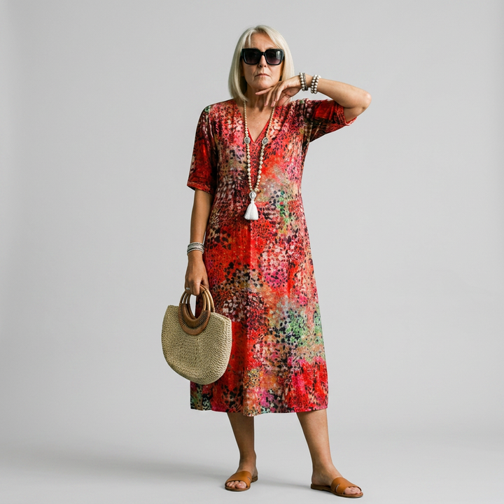 Vibrant midi dress in bold red with a fluid silhouette and relaxed feminine cut