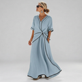Women's waist-defining dress in blue with a draped front detail and flowy skirt