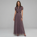 Elegant floaty layered occasion dress with a defined waist and delicate sleeve details
