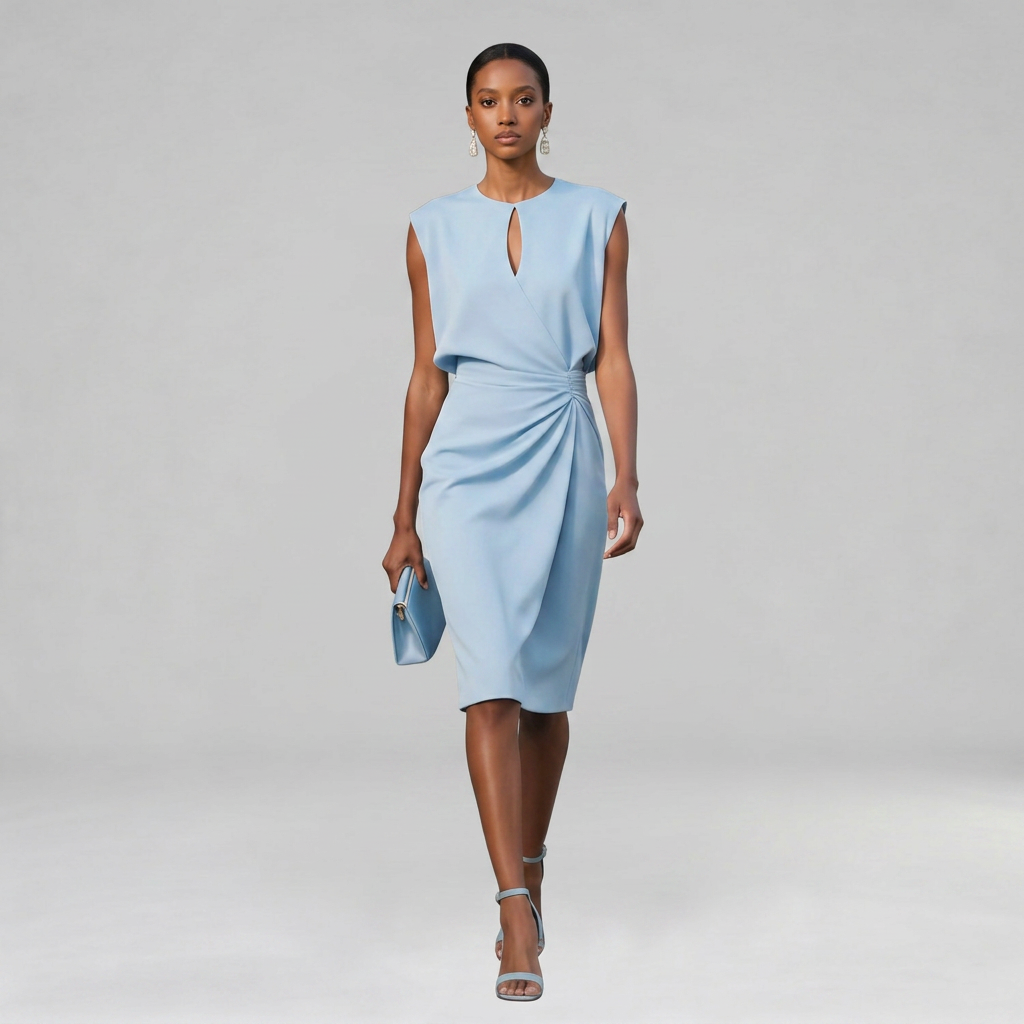Elegant draped midi dress with a side drape detail in a sleek, sophisticated silhouette