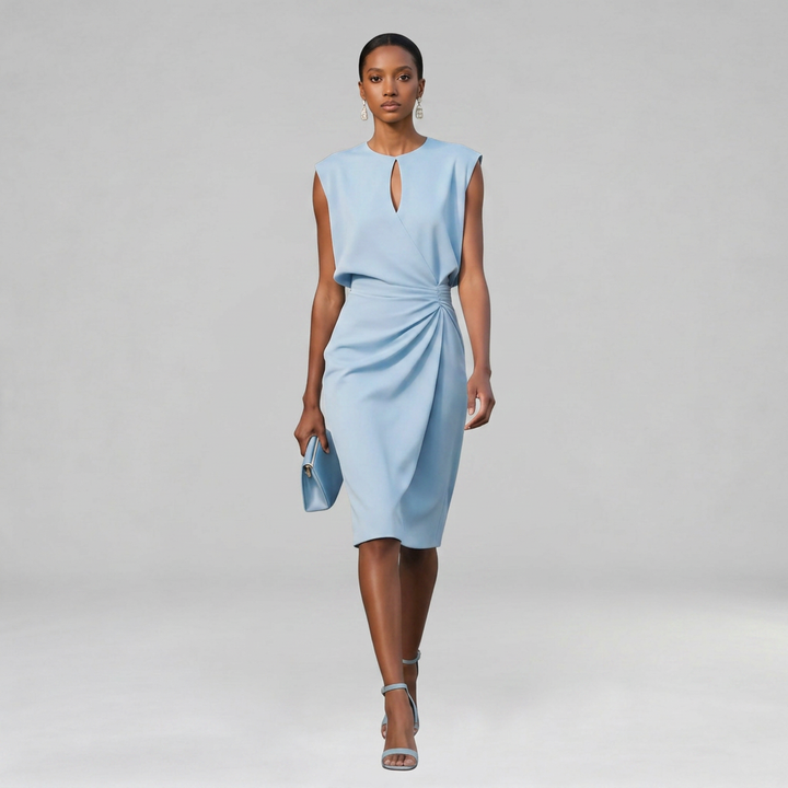 Elegant draped midi dress with a side drape detail in a sleek, sophisticated silhouette