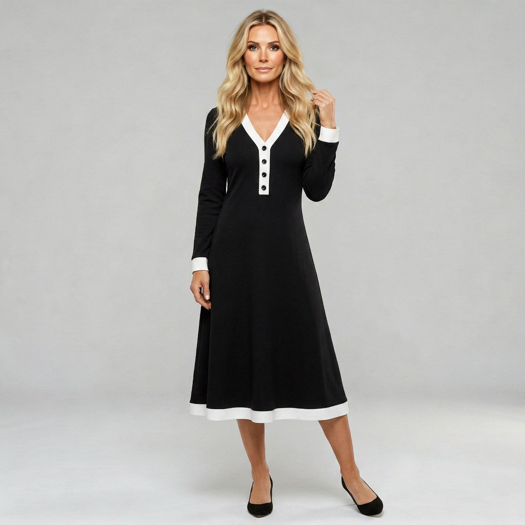 Women's long-sleeve V-neck dress in black with white contrast detail and decorative buttons