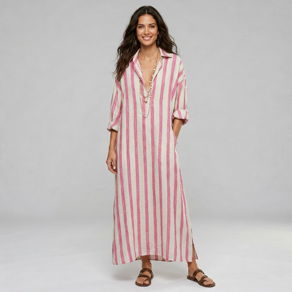 Women's striped maxi dress in pink and white with a classic shirt collar and flowing silhouette
