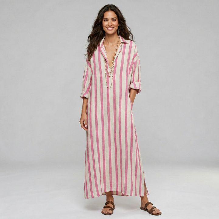 Women's striped maxi dress in pink and white with a classic shirt collar and flowing silhouette