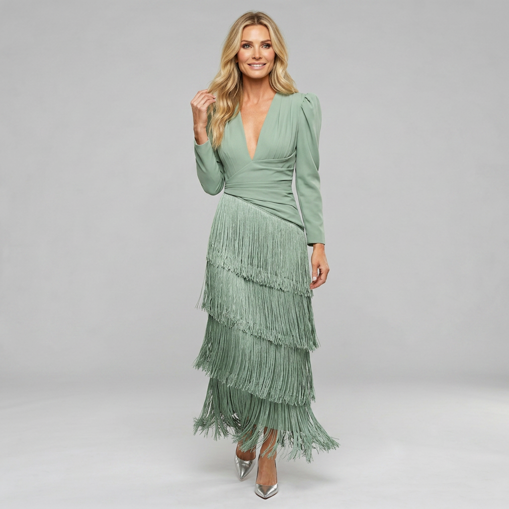 Women's light green fringe occasion dress with a figure-skimming cut and deep V-neckline