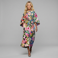 Floaty floral-print dress in multicolour, also available in blue, pink and green, with wide sleeves and a nipped waist