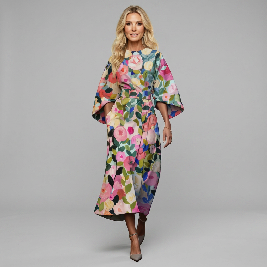 Floaty floral-print dress in multicolour, also available in blue, pink and green, with wide sleeves and a nipped waist