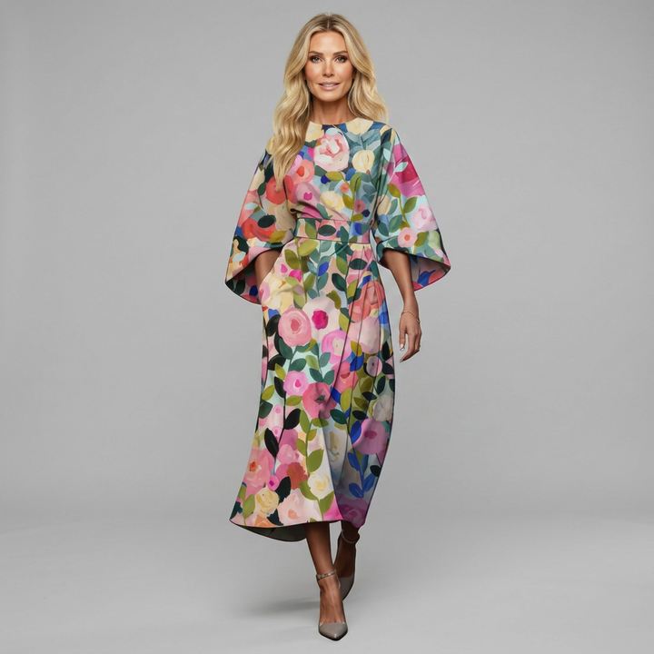 Floaty floral-print dress in multicolour, also available in blue, pink and green, with wide sleeves and a nipped waist