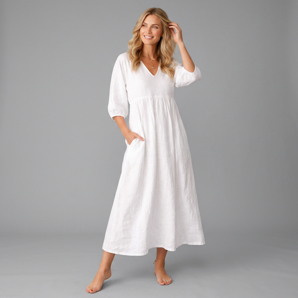 Floaty maxi dress in white, also available in black, with a soft V-neckline and side pockets
