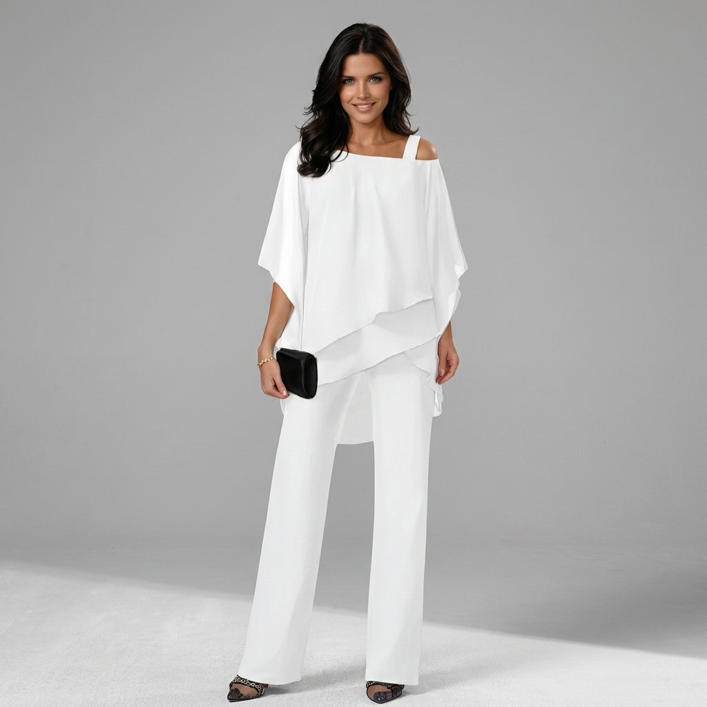Elegant two-piece set in white with a floaty asymmetric top and wide-leg trousers