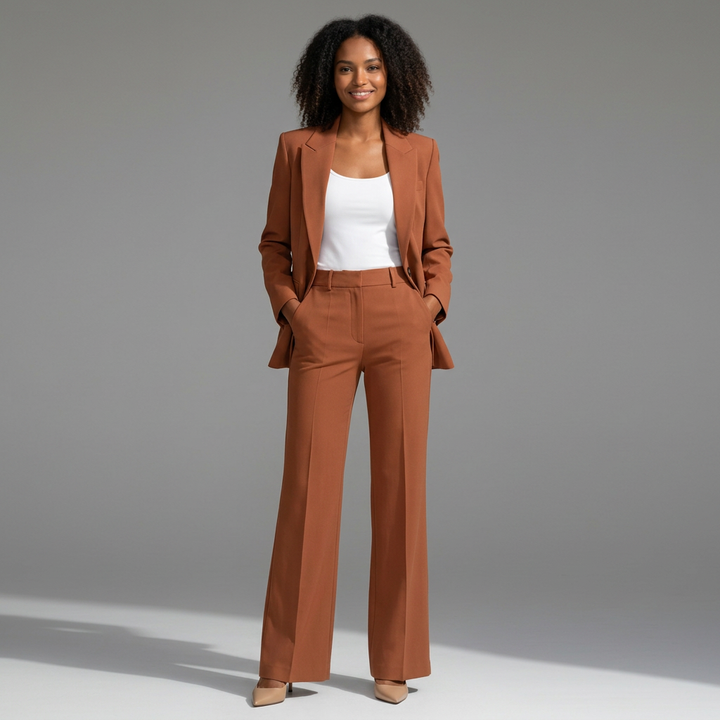 Women's tailored blazer and trouser suit set in navy blue with a clean, structured silhouette