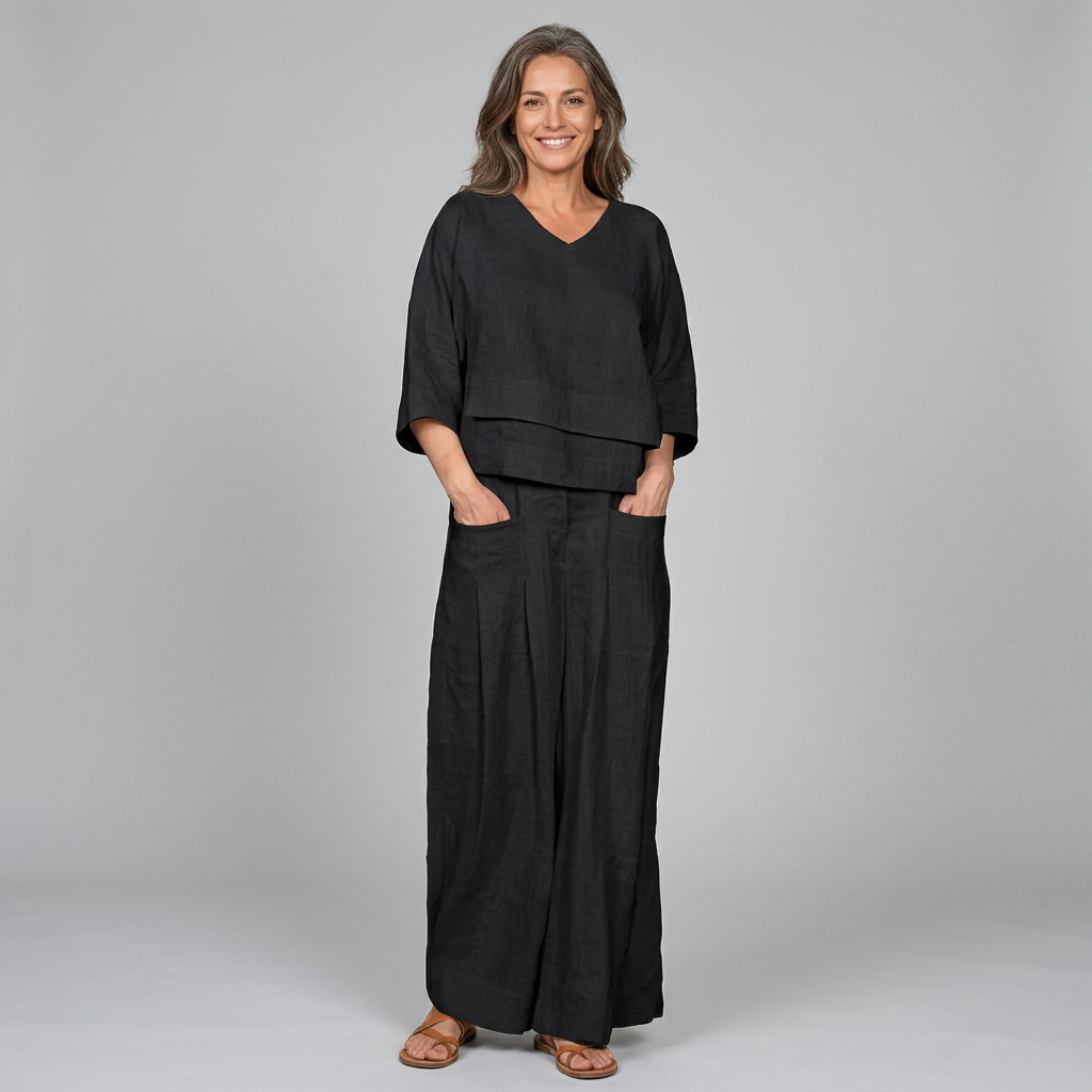 Women's relaxed two-piece set in black, also available in white, beige, grey and navy, with a loose easy-fitting silhouette