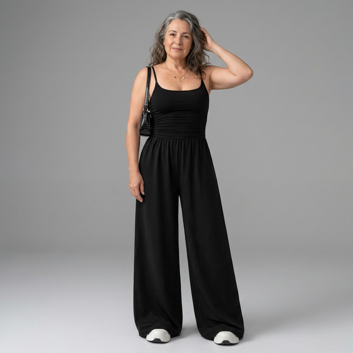 Wide-leg jumpsuit in black, also available in navy, brown, burgundy and light grey, with a gently shaped waist