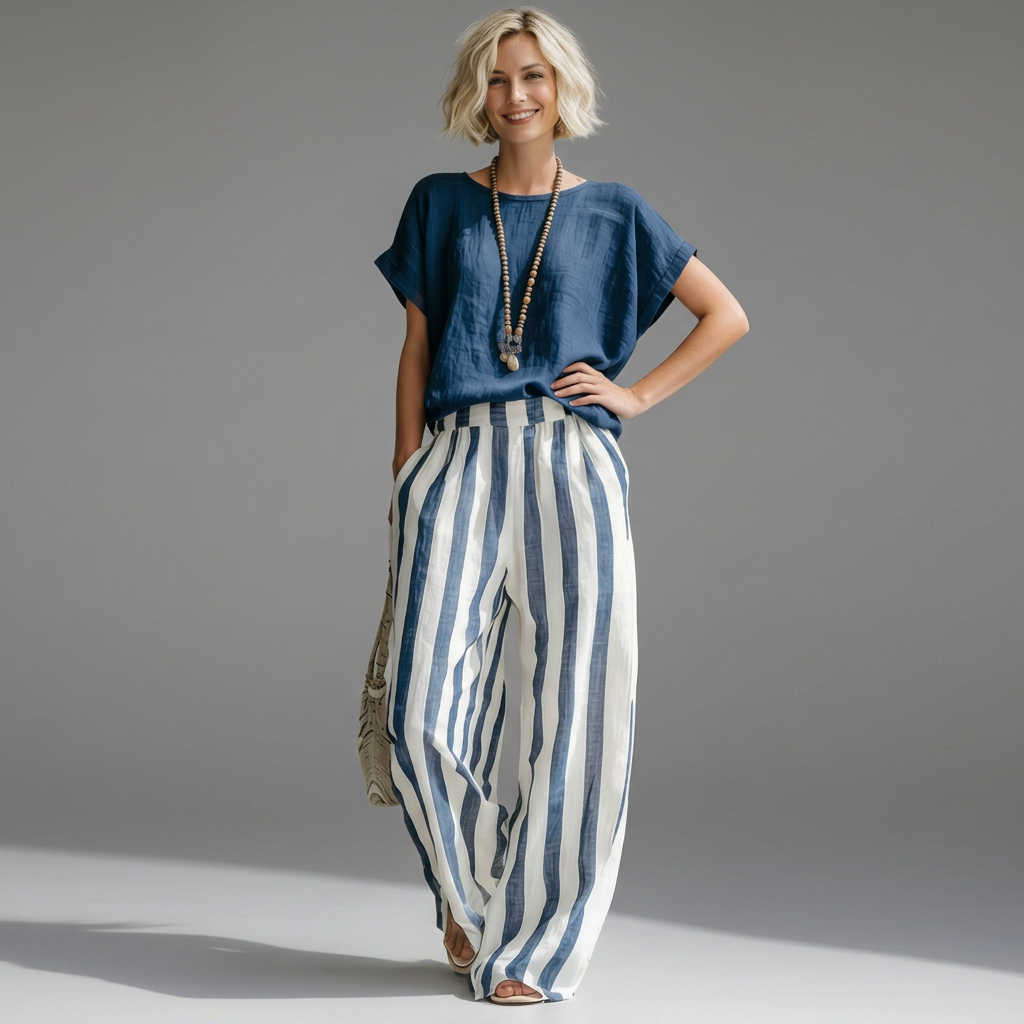 Striped relaxed summer co-ord set in blue, available in a range of colours including burgundy, black, navy and yellow