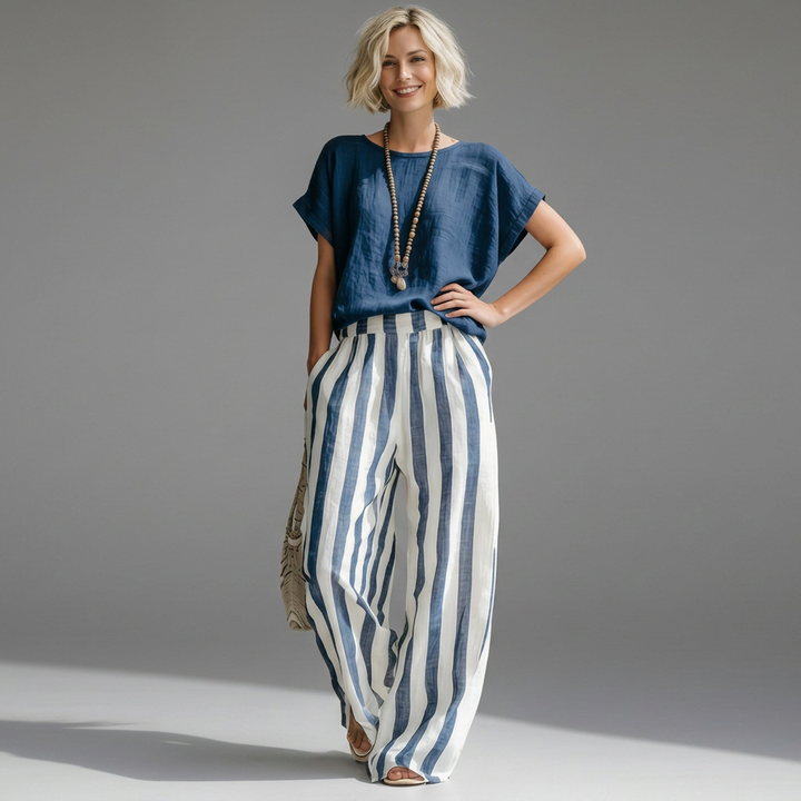 Striped relaxed summer co-ord set in blue, available in a range of colours including burgundy, black, navy and yellow