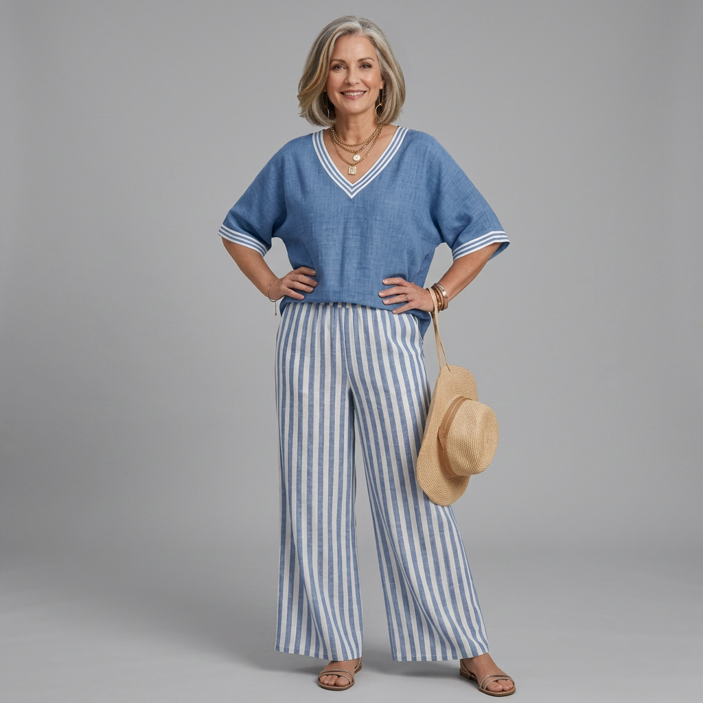 Striped V-neck women's co-ord set in red, available in a range of colours including pink, blue, yellow, green, black and beige