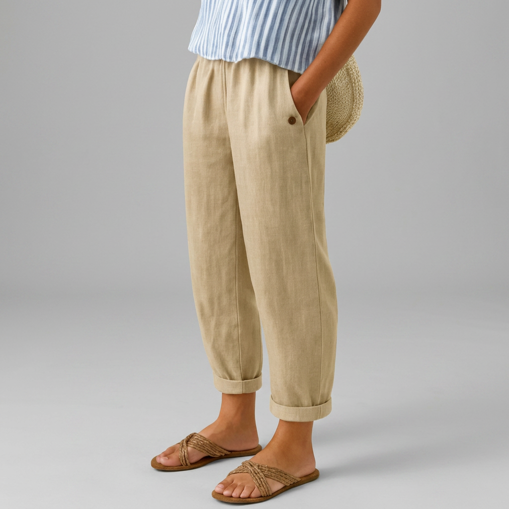 Lightweight women's casual trousers in beige with a relaxed wide-leg cut and elasticated waist