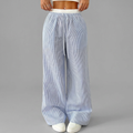Women's wide-leg trousers in blue with fine vertical stripes and an ultra-wide waistband