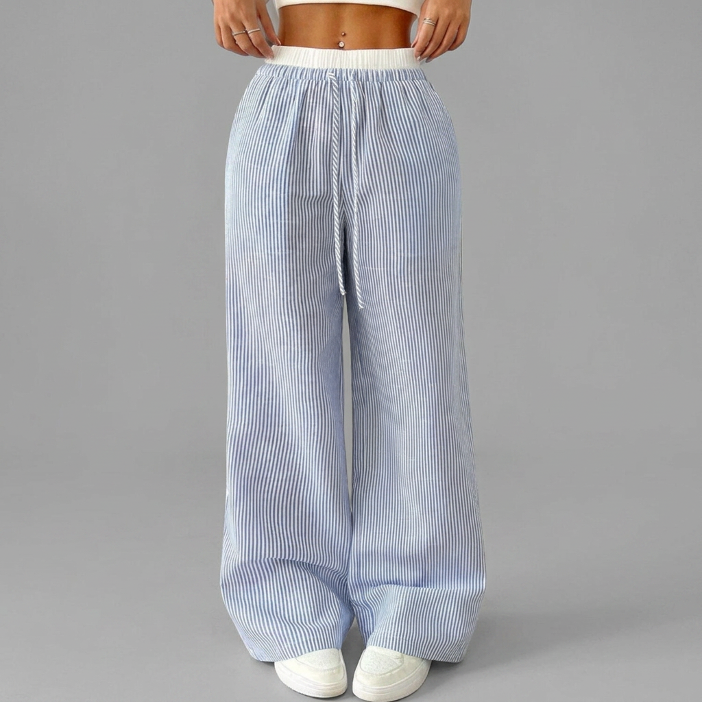 Women's wide-leg trousers in blue with fine vertical stripes and an ultra-wide waistband