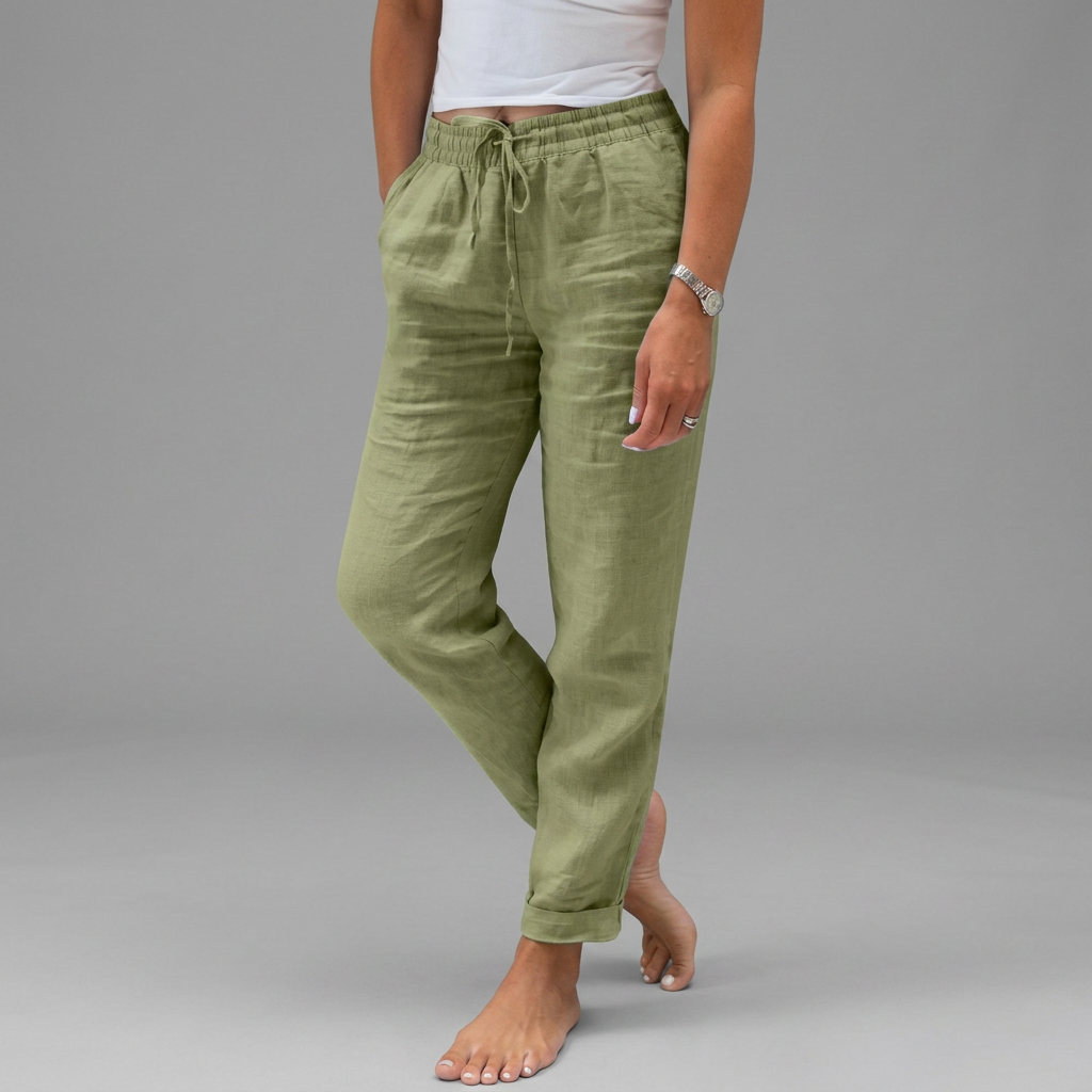 Light women's summer trousers in green with a wide, flowing leg silhouette