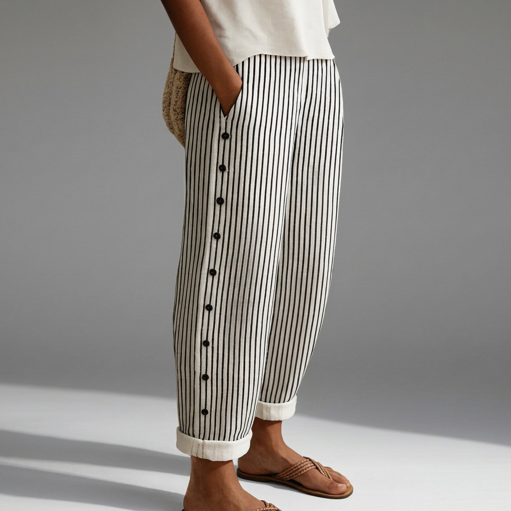 High-waisted striped trousers in black with decorative button detail along the waist