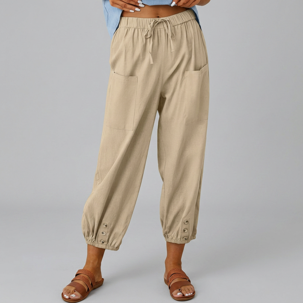 Wide-leg drawstring trousers in khaki with an elasticated waist and relaxed silhouette