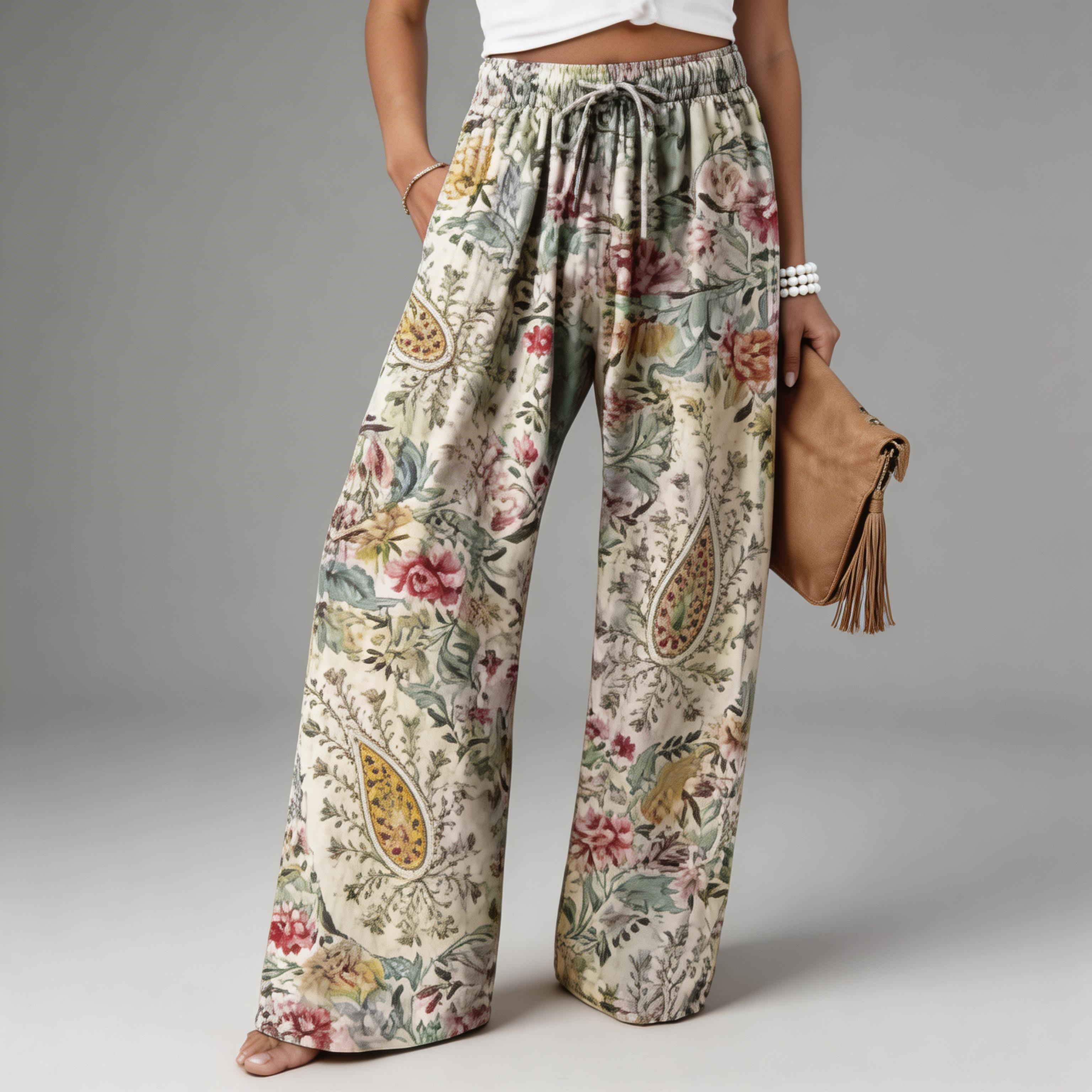 Floral wide-leg trousers in blue with a high waist and elegant print