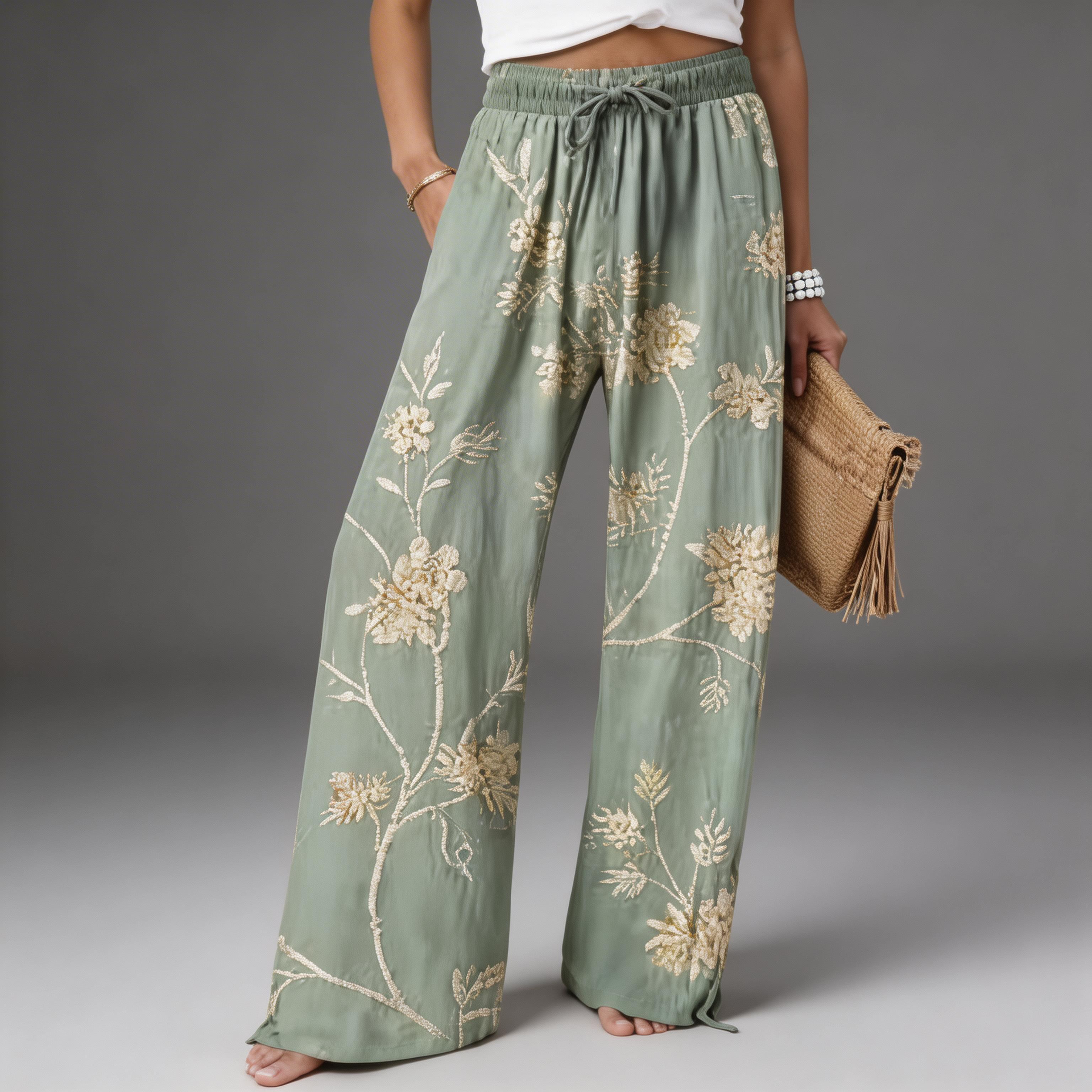 Floral wide-leg trousers in blue with a high waist and elegant print