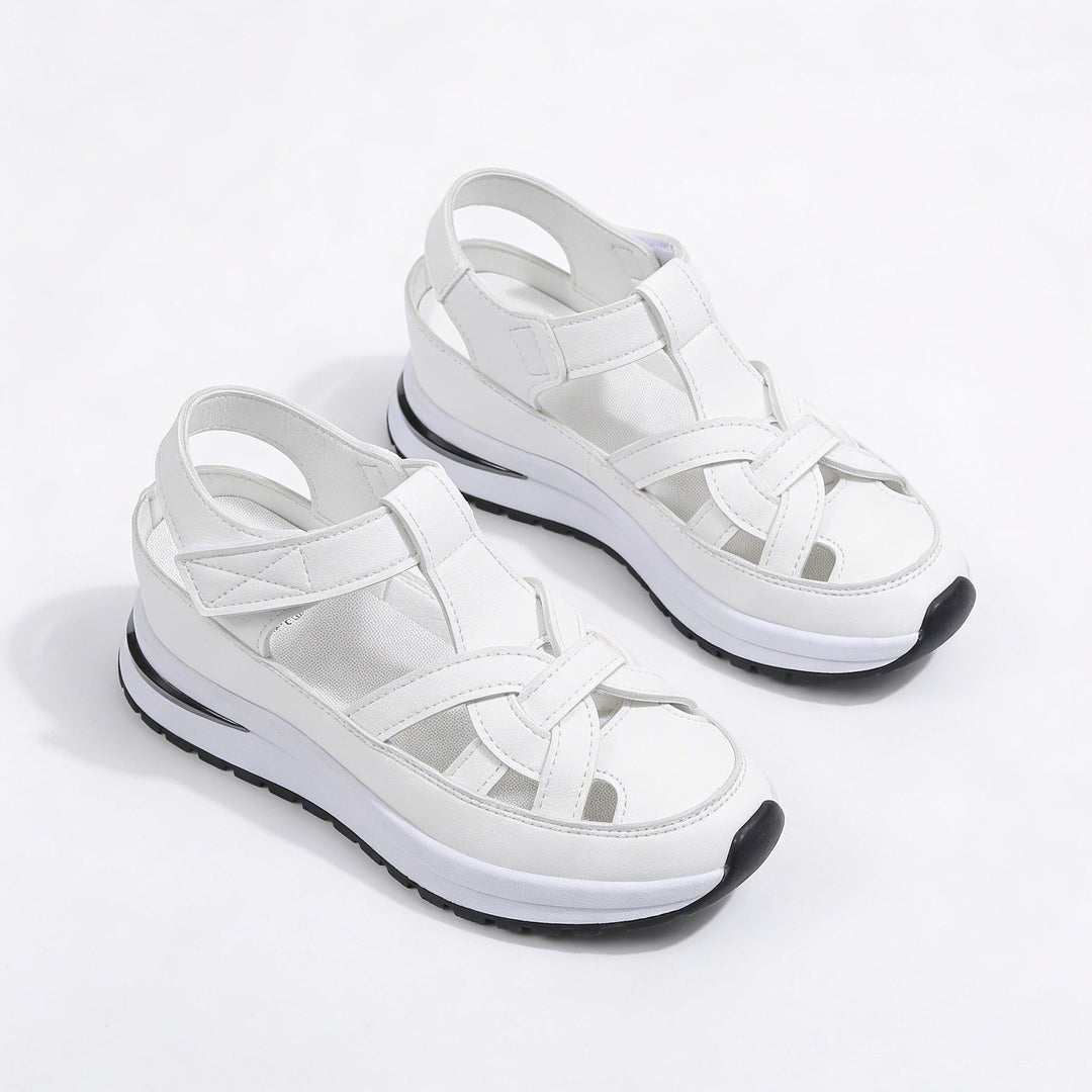 Women's strappy comfort sandals with a cushioned sole in a neutral tan colourway