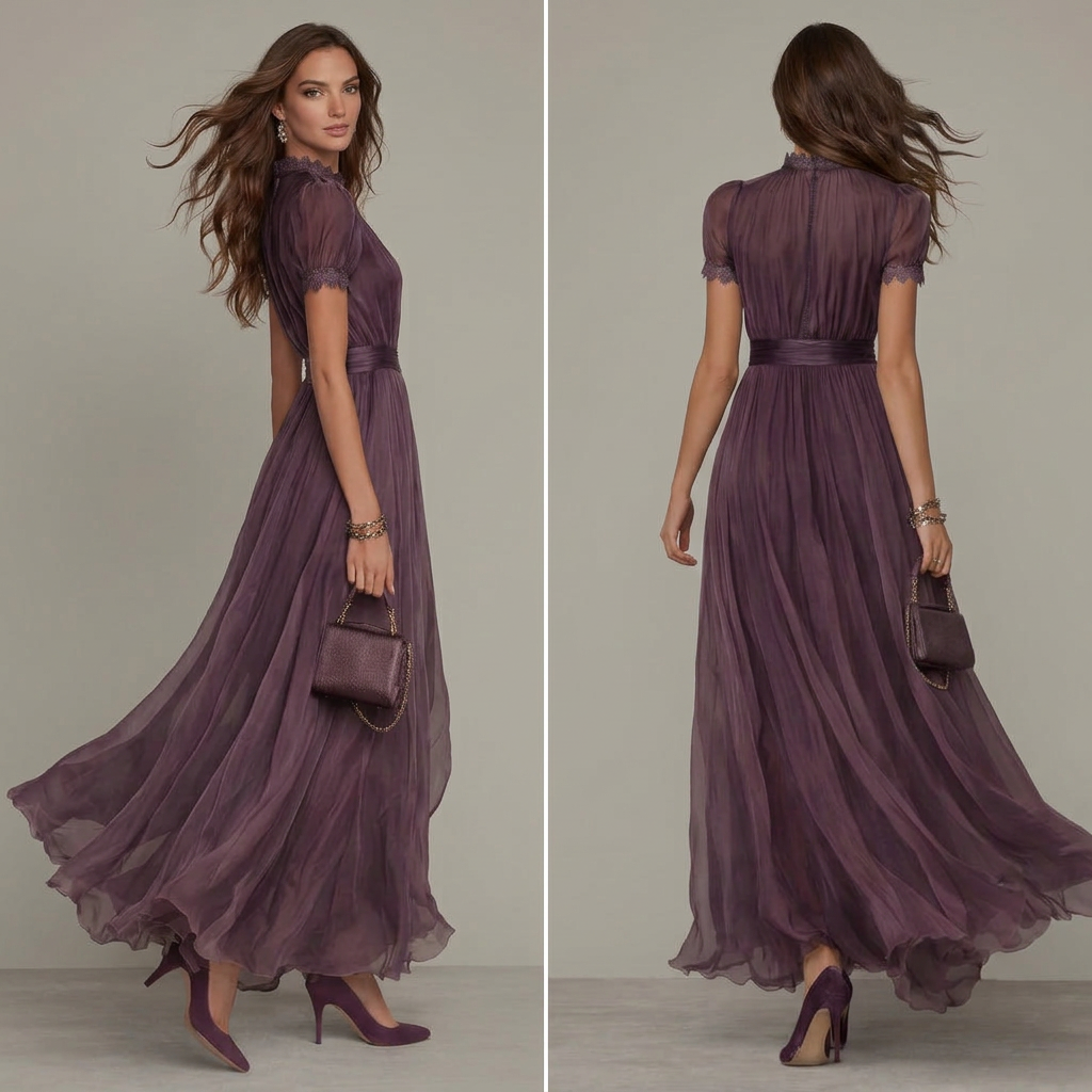 Elegant floaty layered occasion dress with a defined waist and delicate sleeve details