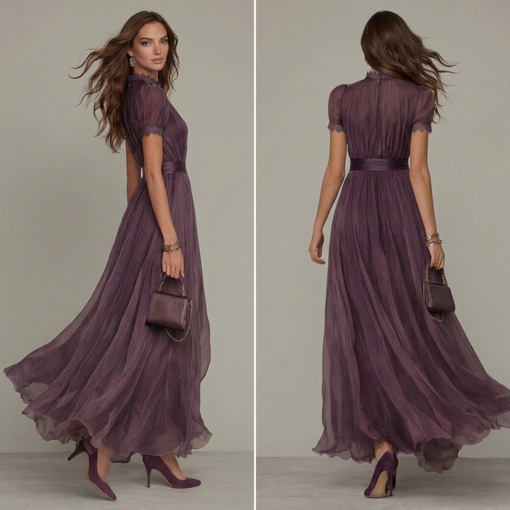 Elegant floaty layered occasion dress with a defined waist and delicate sleeve details