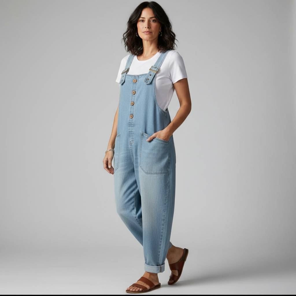Light blue relaxed dungaree jumpsuit with adjustable straps and side pockets