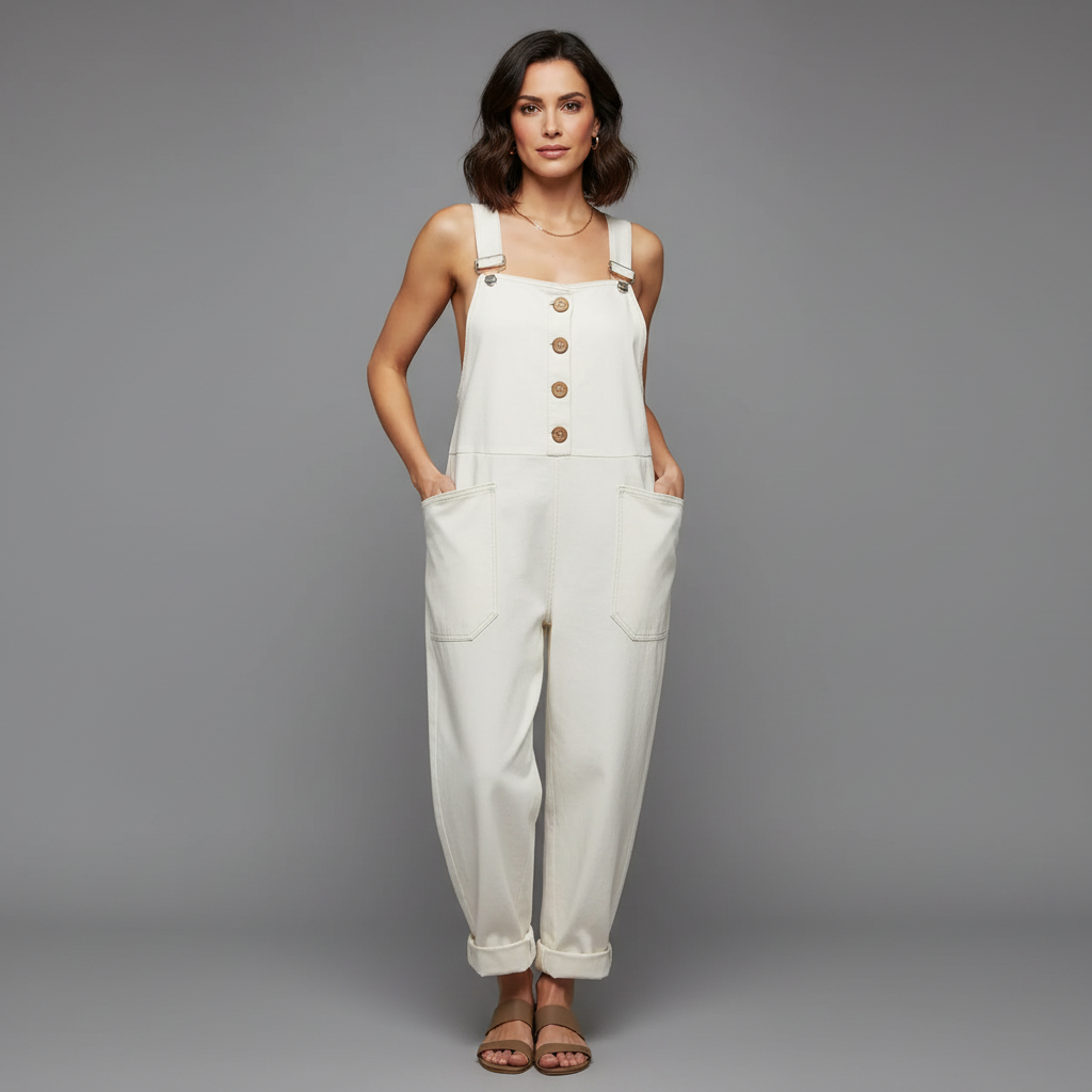 Light blue relaxed dungaree jumpsuit with adjustable straps and side pockets