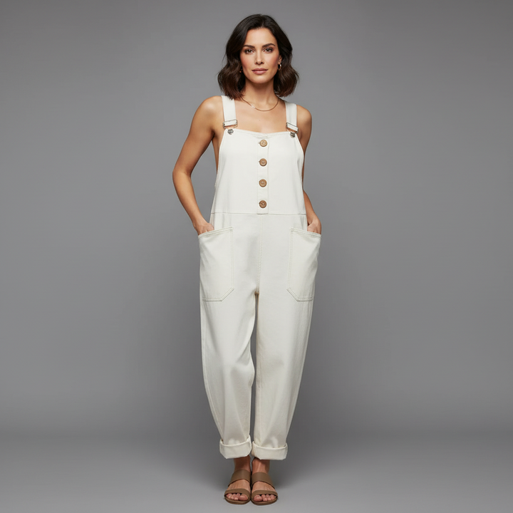 Light blue relaxed dungaree jumpsuit with adjustable straps and side pockets