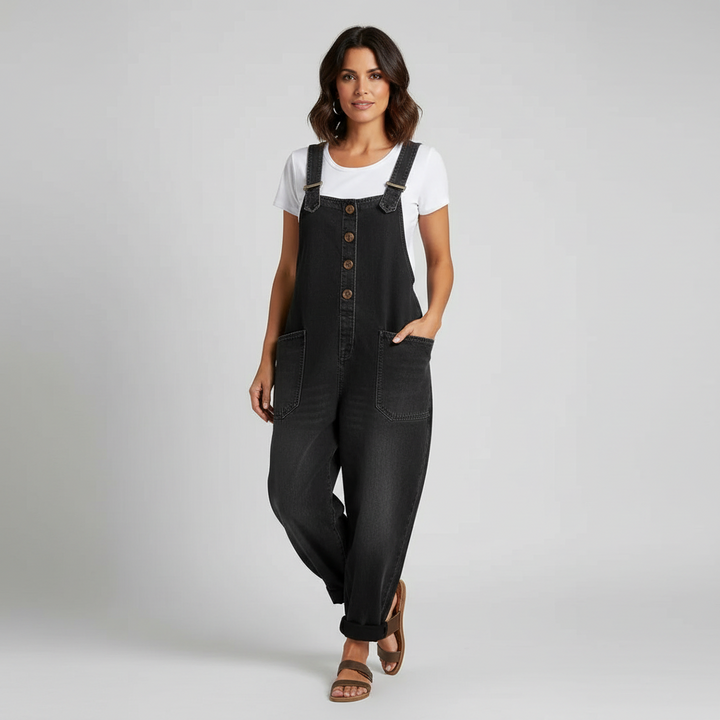 Light blue relaxed dungaree jumpsuit with adjustable straps and side pockets