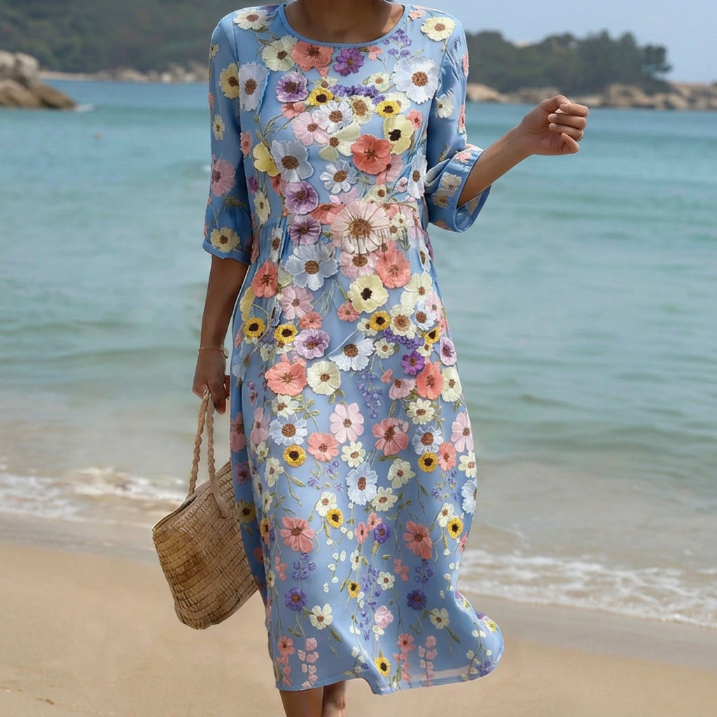 Flowing floral midi dress with a soft comfortable relaxed silhouette