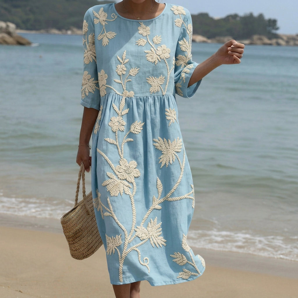 Flowing botanical print midi dress with a soft relaxed silhouette in spring florals