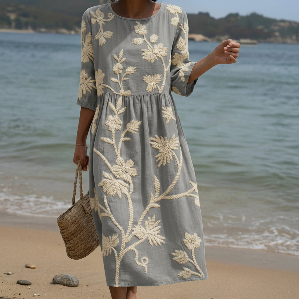 Flowing botanical print midi dress with a relaxed flattering silhouette