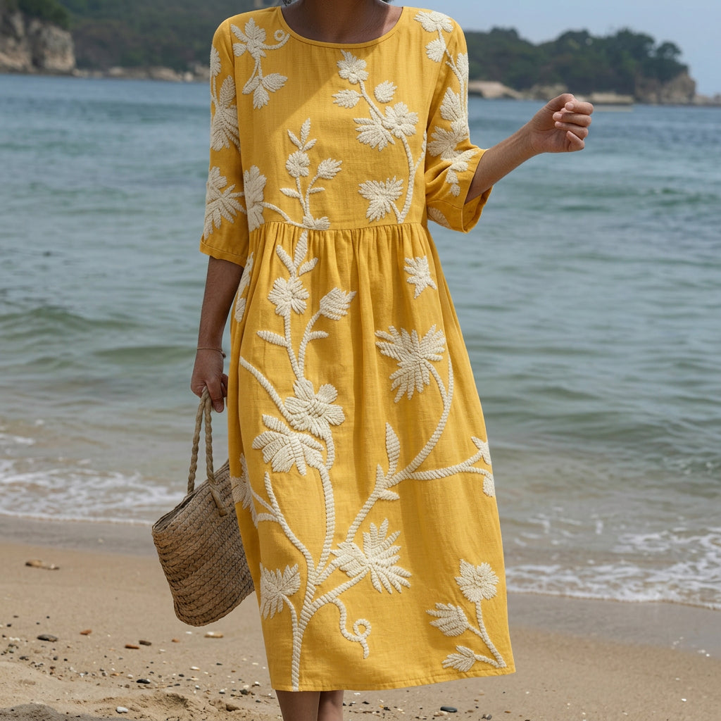 Botanical print midi dress with a gently flowing relaxed silhouette