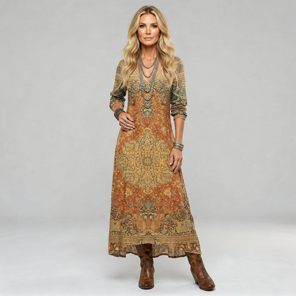 Boho floaty printed dress in a loose, flowing silhouette with a free-spirited feminine look