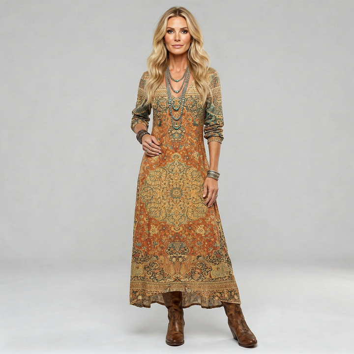 Boho floaty printed dress in a loose, flowing silhouette with a free-spirited feminine look