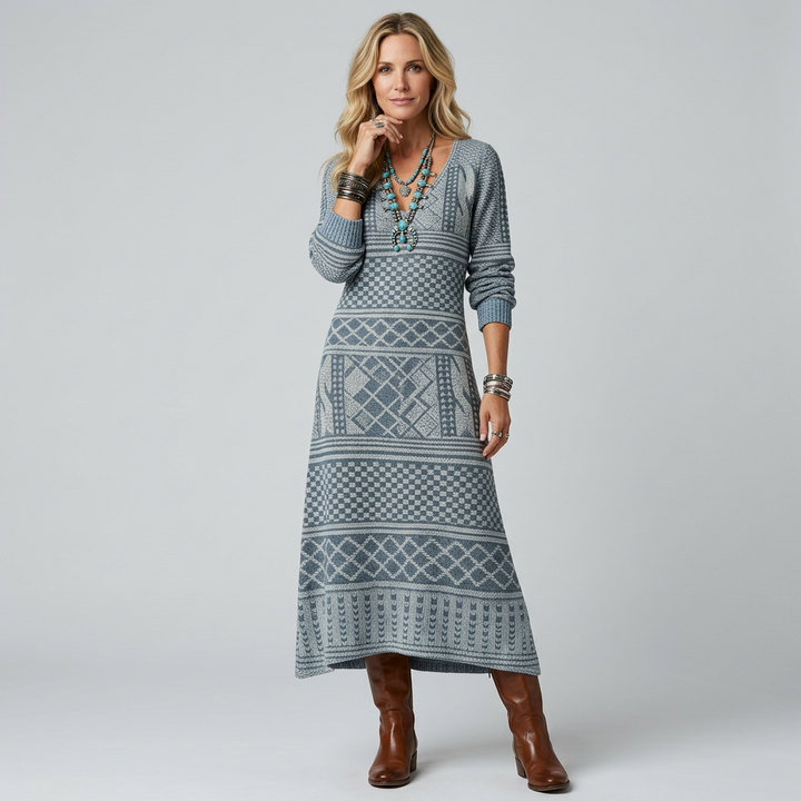 Boho floaty printed dress in a loose, flowing silhouette with a free-spirited feminine look