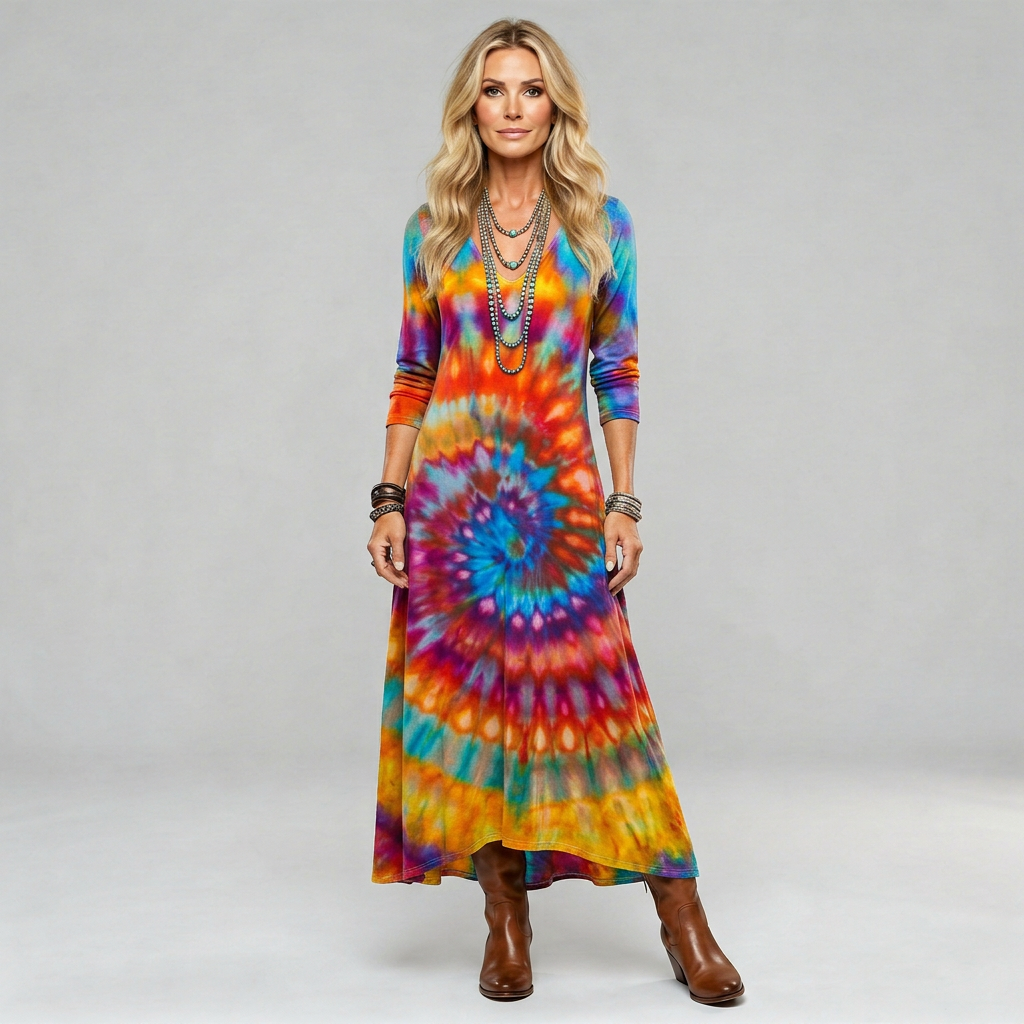 Boho floaty printed dress in a loose, flowing silhouette with a free-spirited feminine look