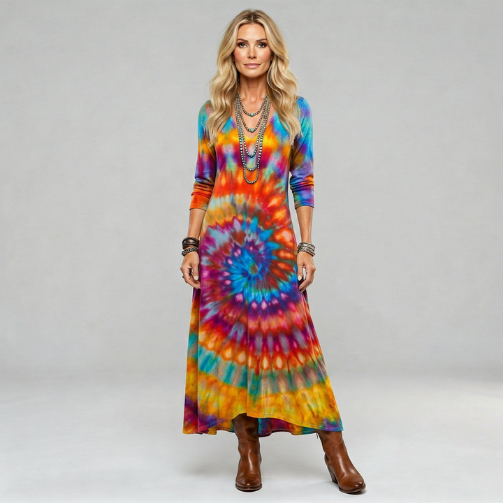 Boho floaty printed dress in a loose, flowing silhouette with a free-spirited feminine look