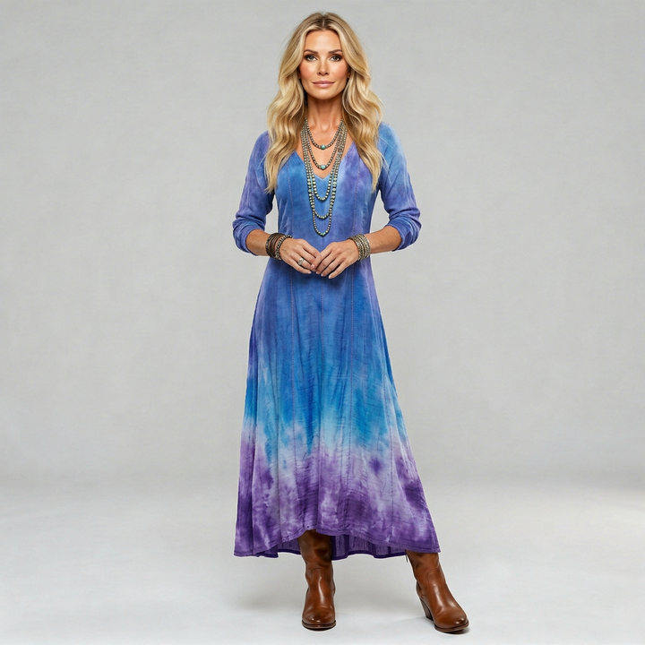 Boho floaty printed dress in a loose, flowing silhouette with a free-spirited feminine look