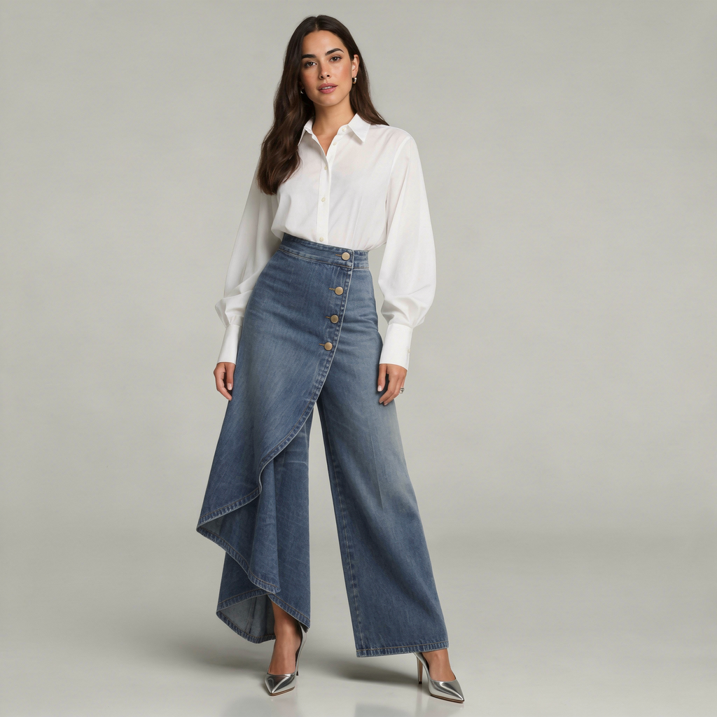 Light blue wide-leg asymmetric trousers with a structured wrap detail at the front