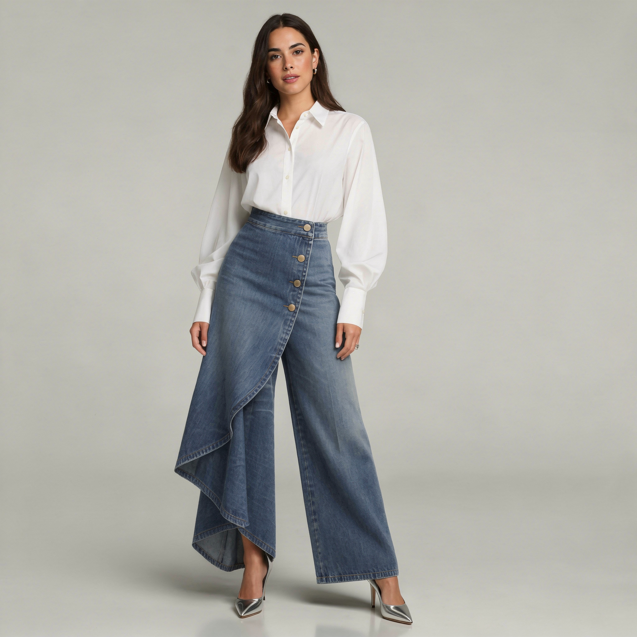 Light blue wide-leg asymmetric trousers with a structured wrap detail at the front