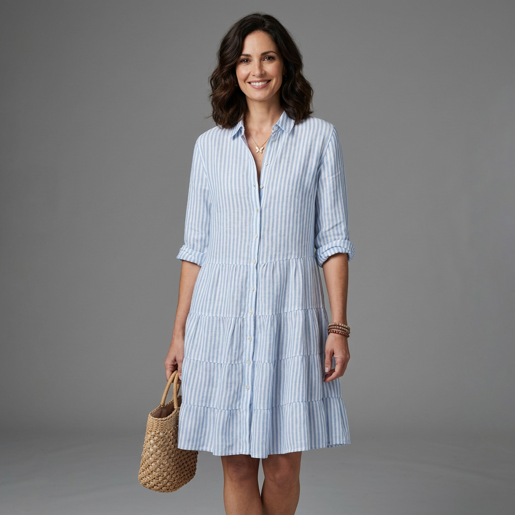 Striped shirt summer dress in a relaxed, flowing silhouette with a feminine collar detail